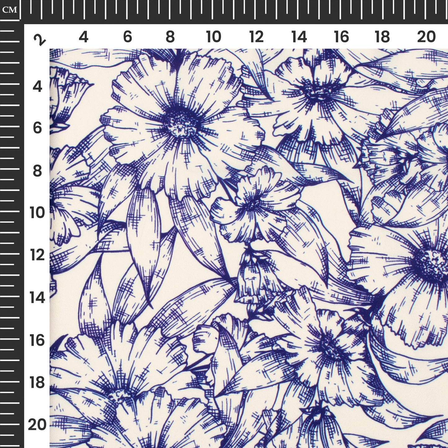 Royal Blue And White Floral Digital Print BSY Crepe Fabric