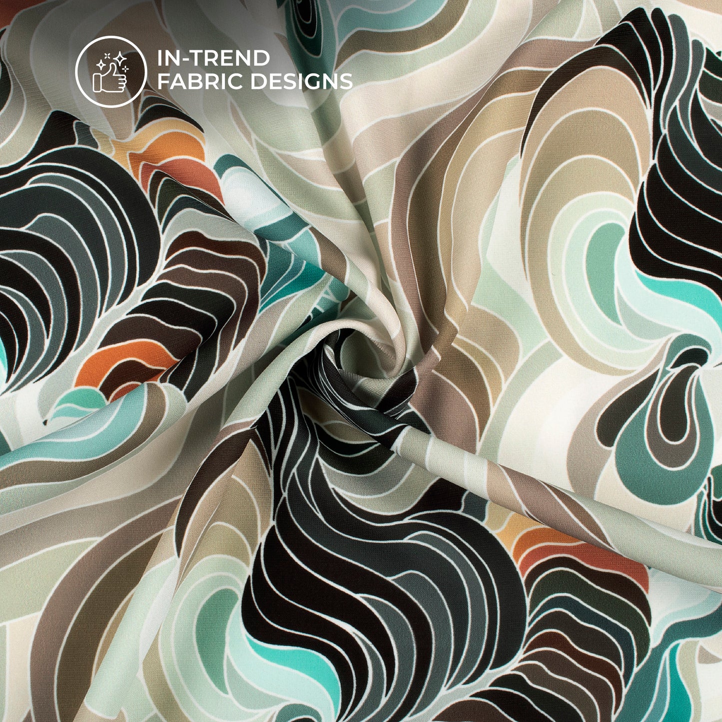 Tan Beige And Black Geometric Digital Print BSY Crepe Fabric