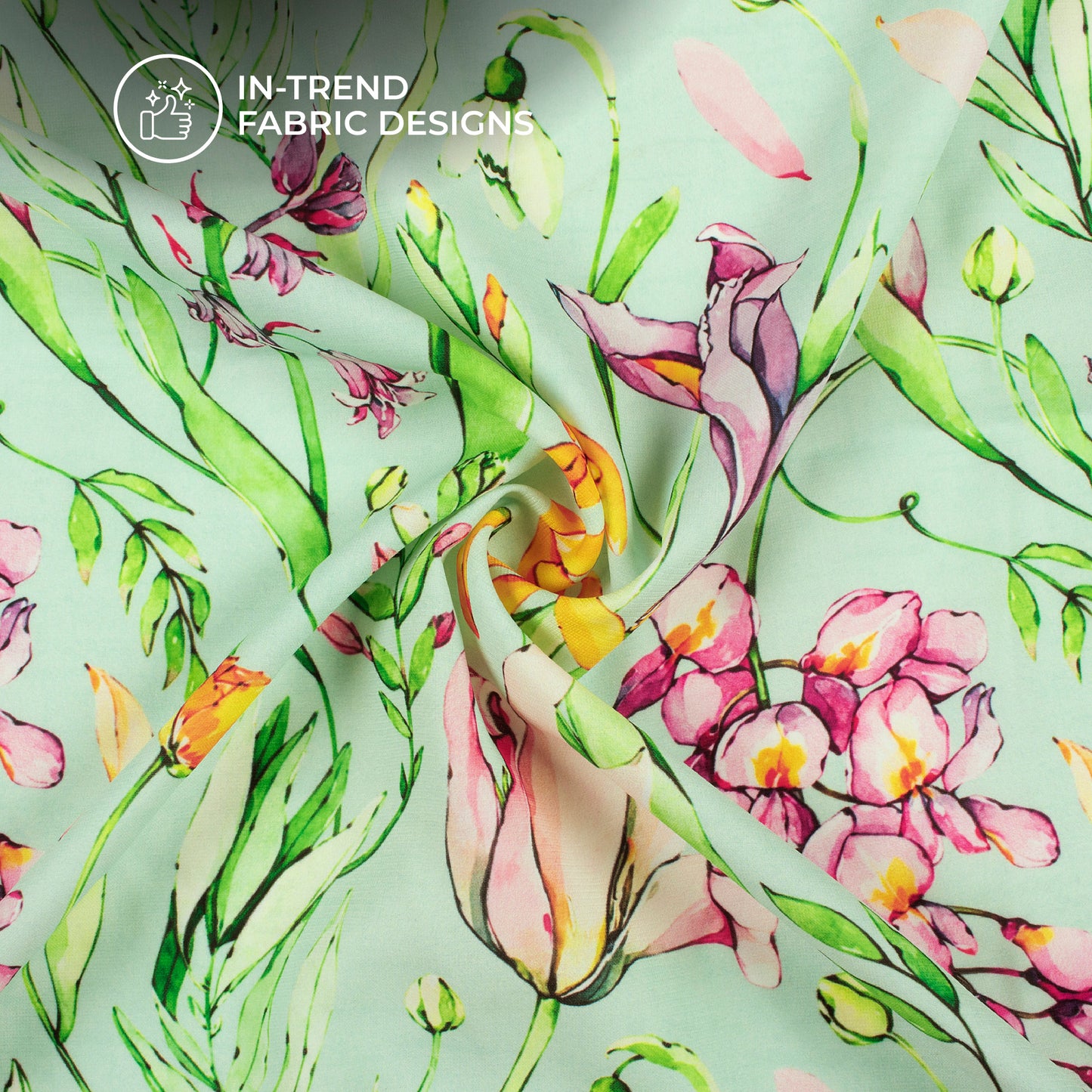 Mint Green And Pink Floral Digital Print BSY Crepe Fabric