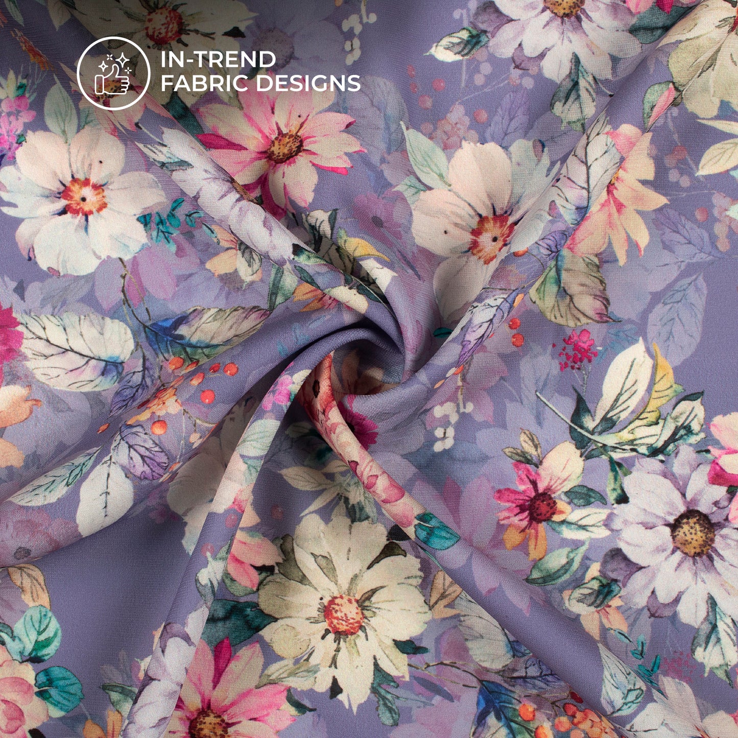 Heather Purple And White Floral Digital Print BSY Crepe Fabric