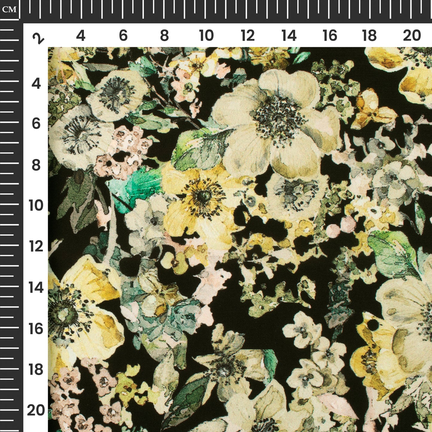 Flaxen Yellow And Black Floral Digital Print BSY Crepe Fabric