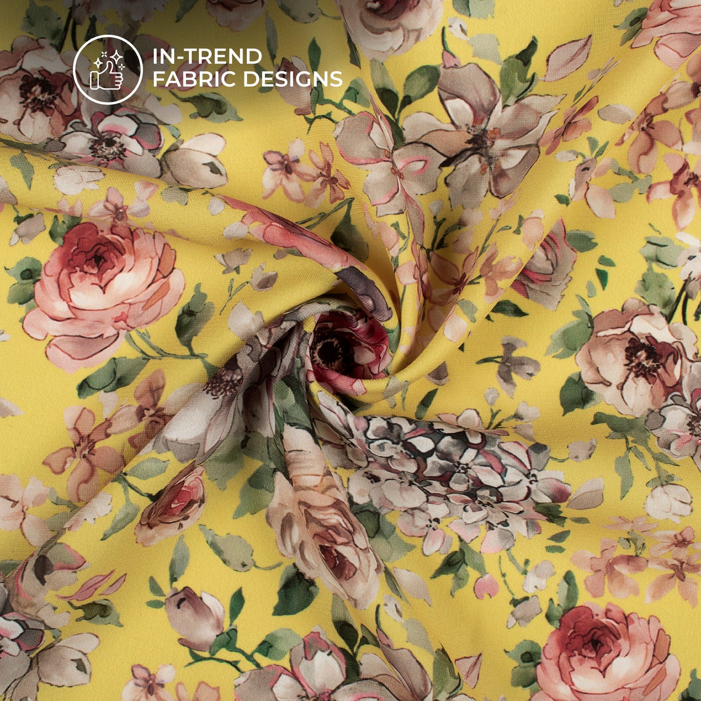 Hippi Pink And Yellow Floral Digital Print BSY Crepe Fabric