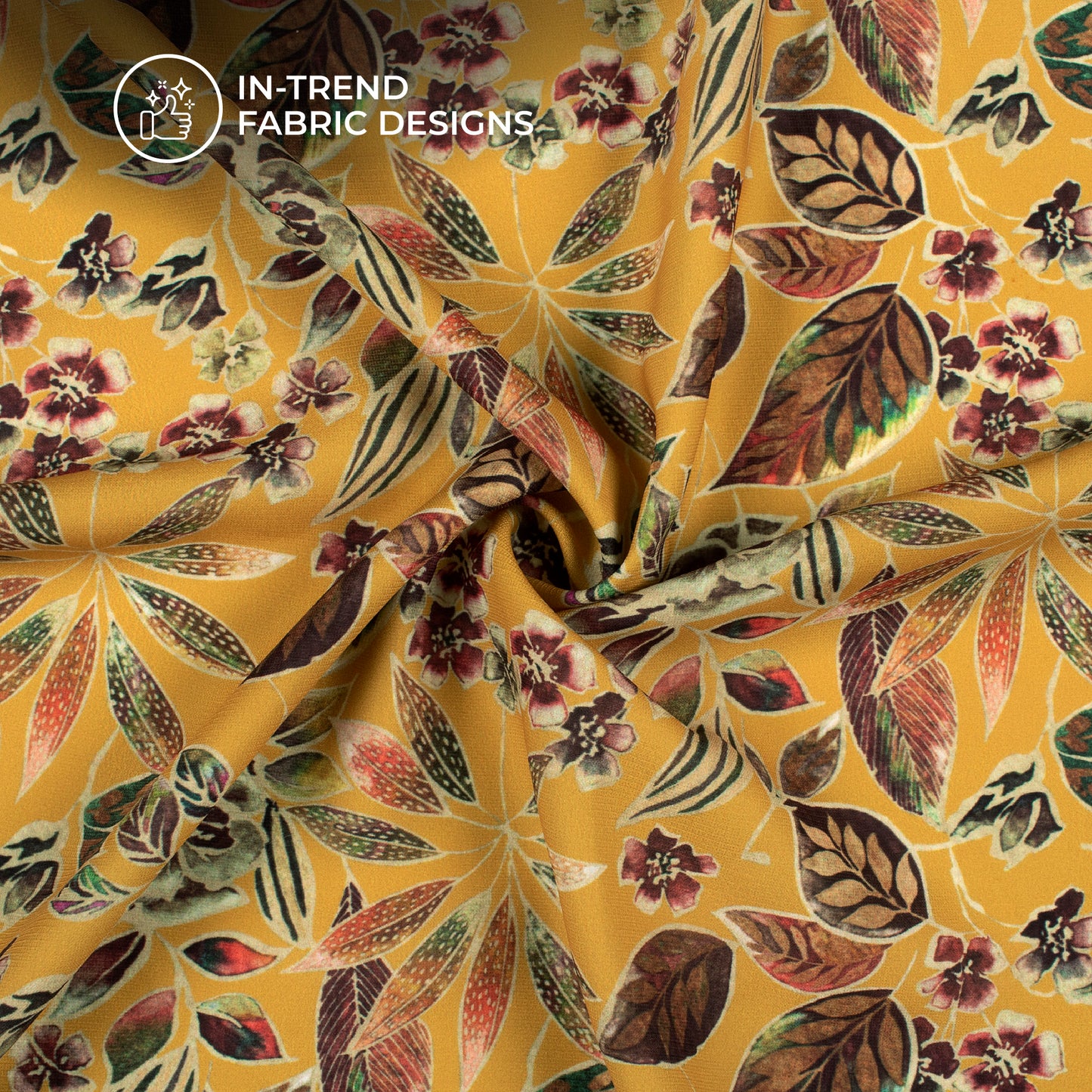 Mustard Yellow and Brown Floral Digital Print BSY Crepe Fabric