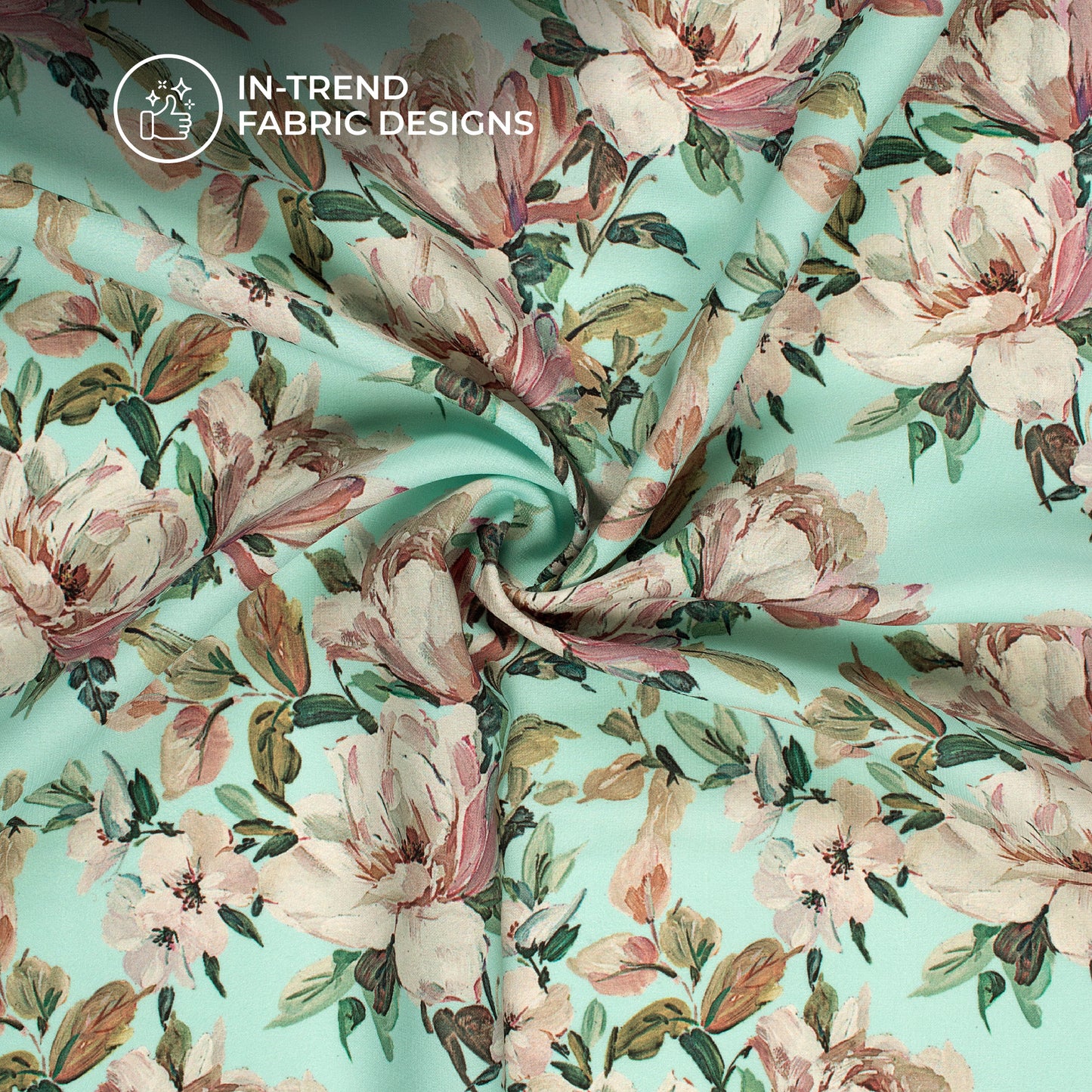 Mint Green And Pink Floral Digital Print BSY Crepe Fabric