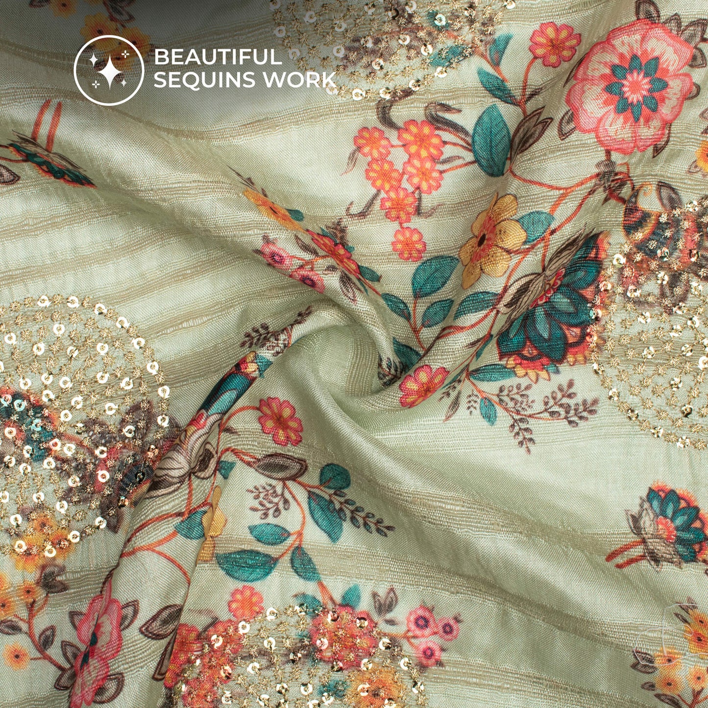 Stunning Floral Digital Print Butta Sequins Embroidery On Heritage Art Silk Fabric