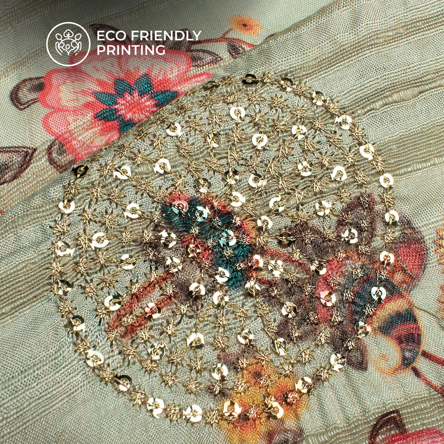 Stunning Floral Digital Print Butta Sequins Embroidery On Heritage Art Silk Fabric