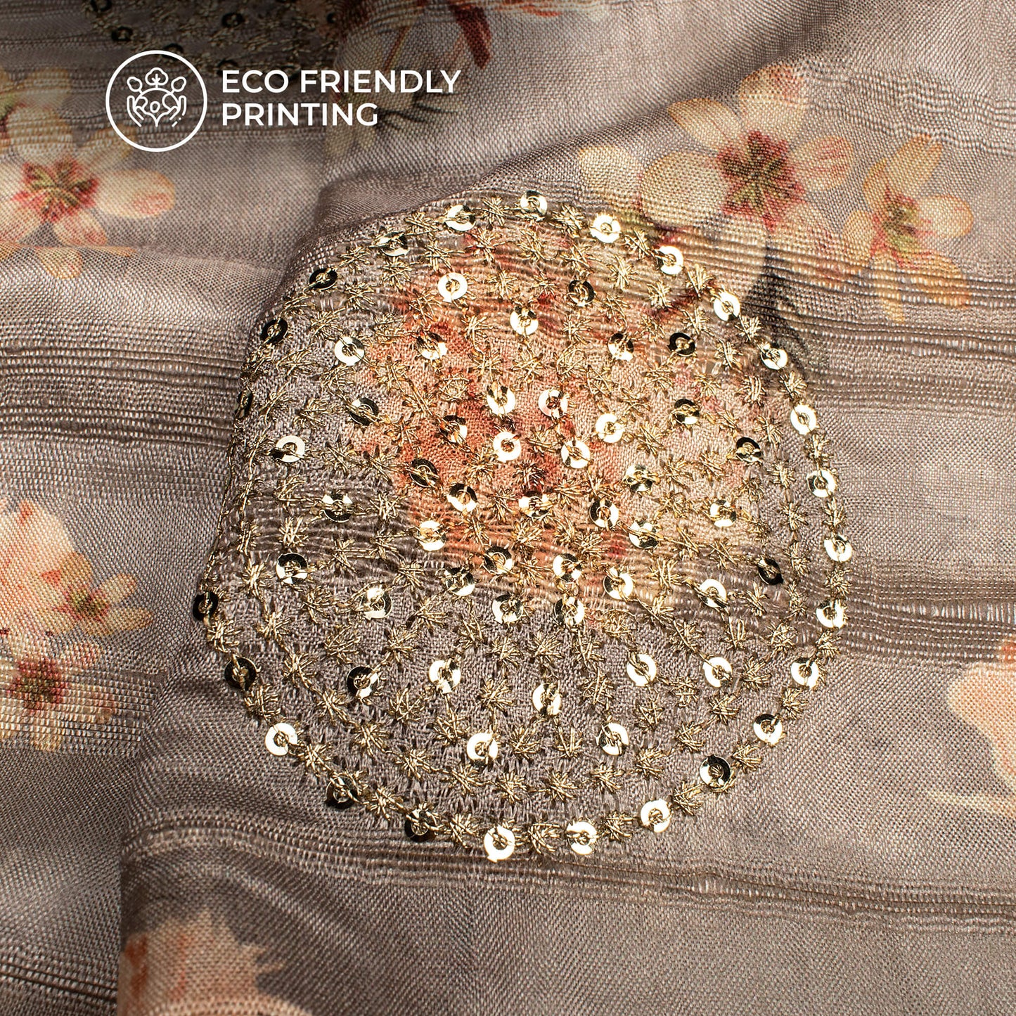 Fossil Grey And Peach Floral Digital Print Butta Sequins Embroidery On Heritage Art Silk Fabric