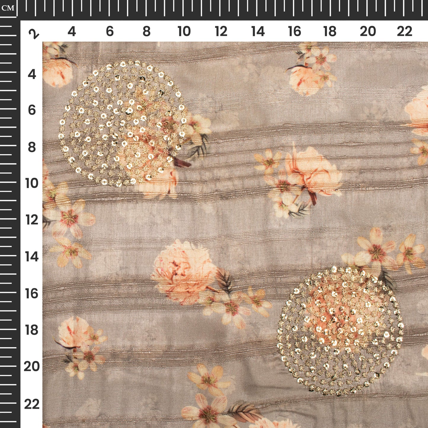 Fossil Grey And Peach Floral Digital Print Butta Sequins Embroidery On Heritage Art Silk Fabric