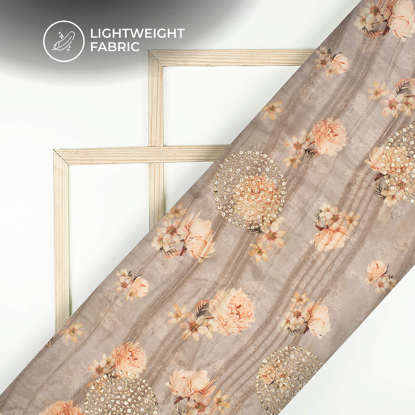 Fossil Grey And Peach Floral Digital Print Butta Sequins Embroidery On Heritage Art Silk Fabric