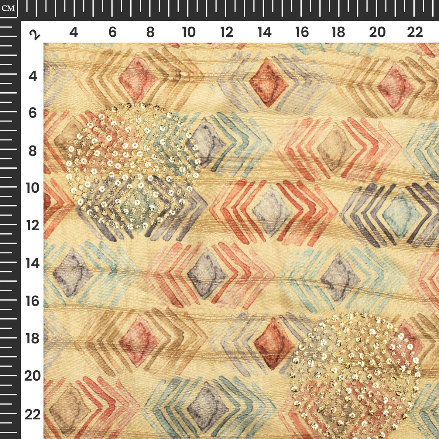 Flaxen Yellow Geometric Digital Print Butta Sequins Embroidery On Heritage Art Silk Fabric