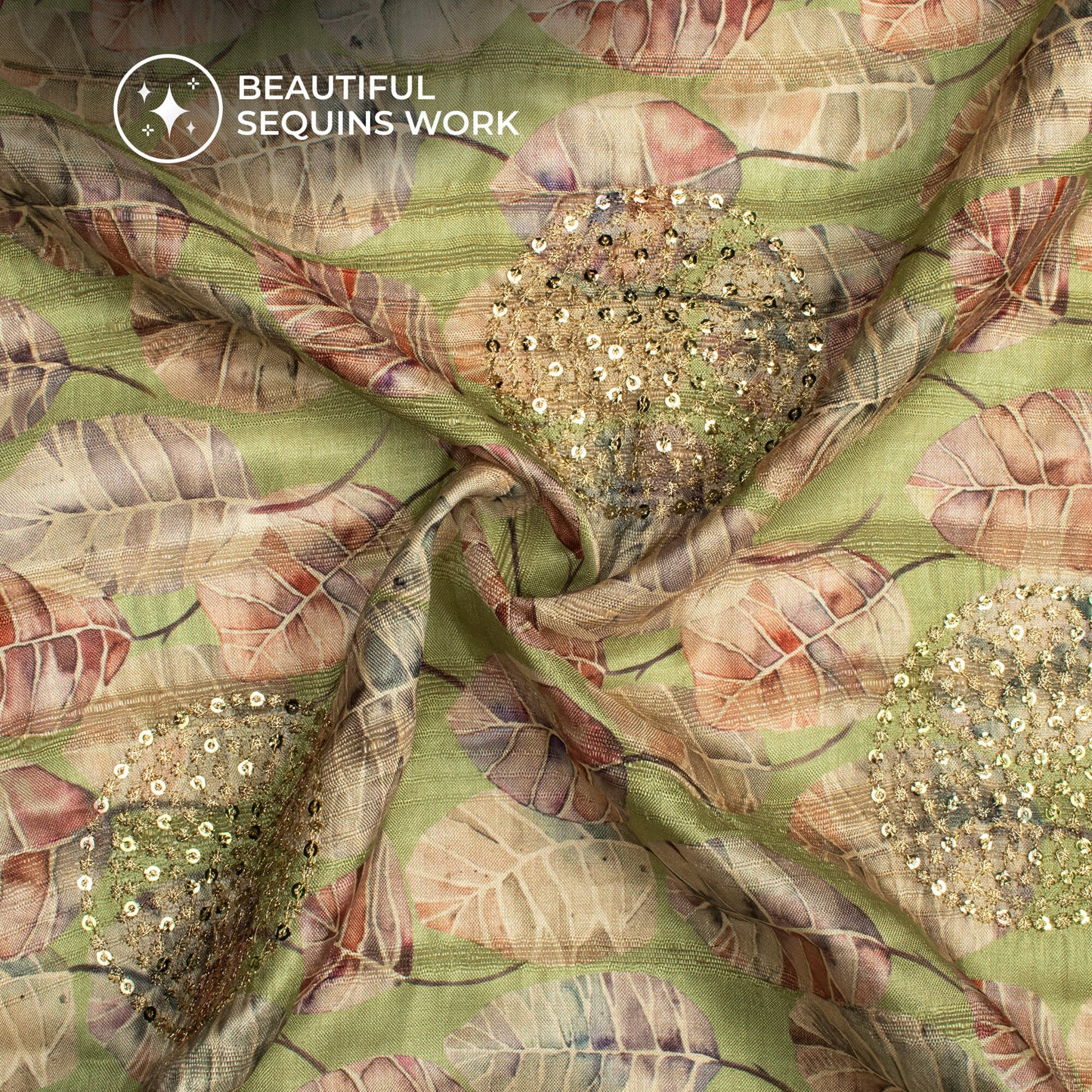 Green Leafage Digital Print Butta Sequins Embroidery On Heritage Art Silk Fabric