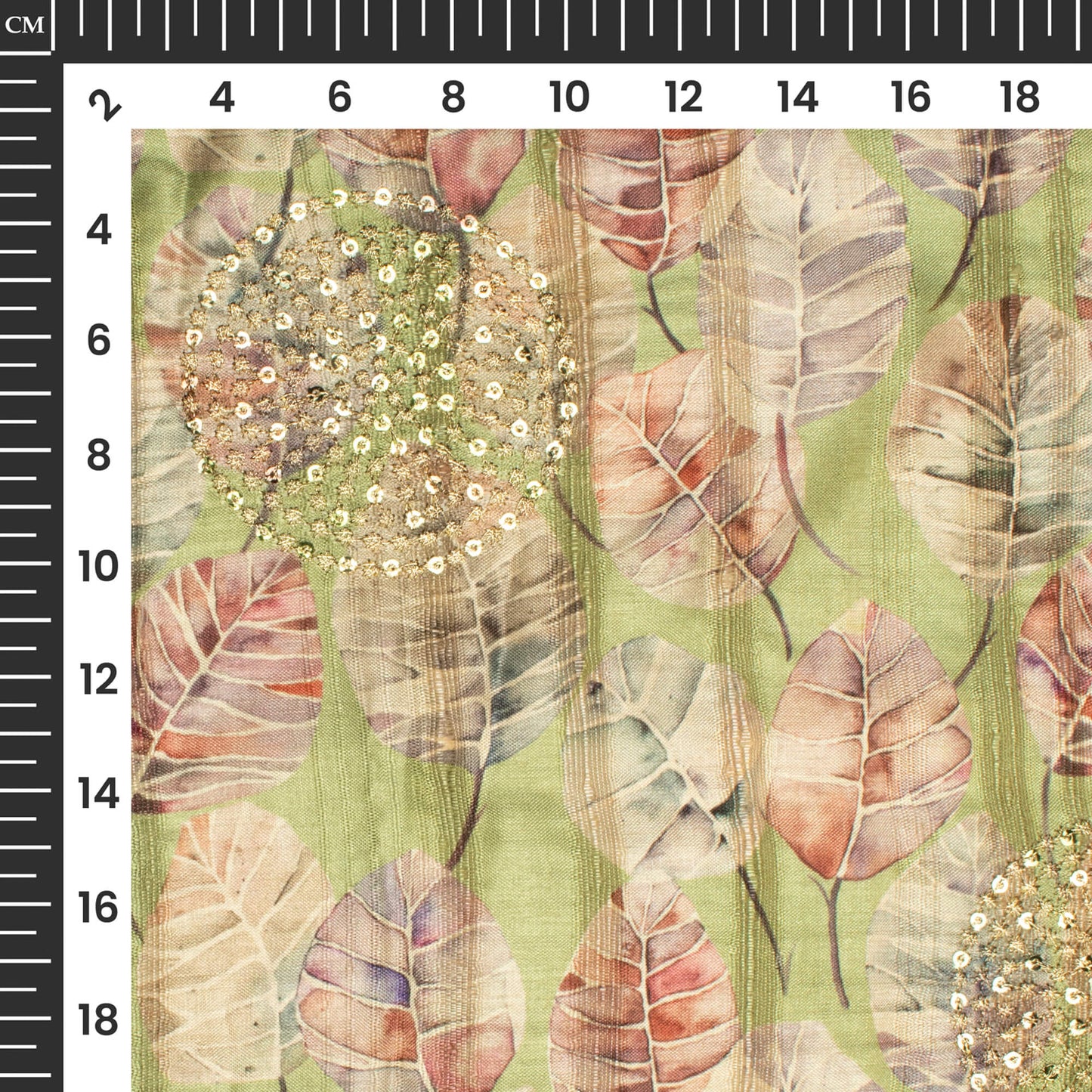 Green Leafage Digital Print Butta Sequins Embroidery On Heritage Art Silk Fabric