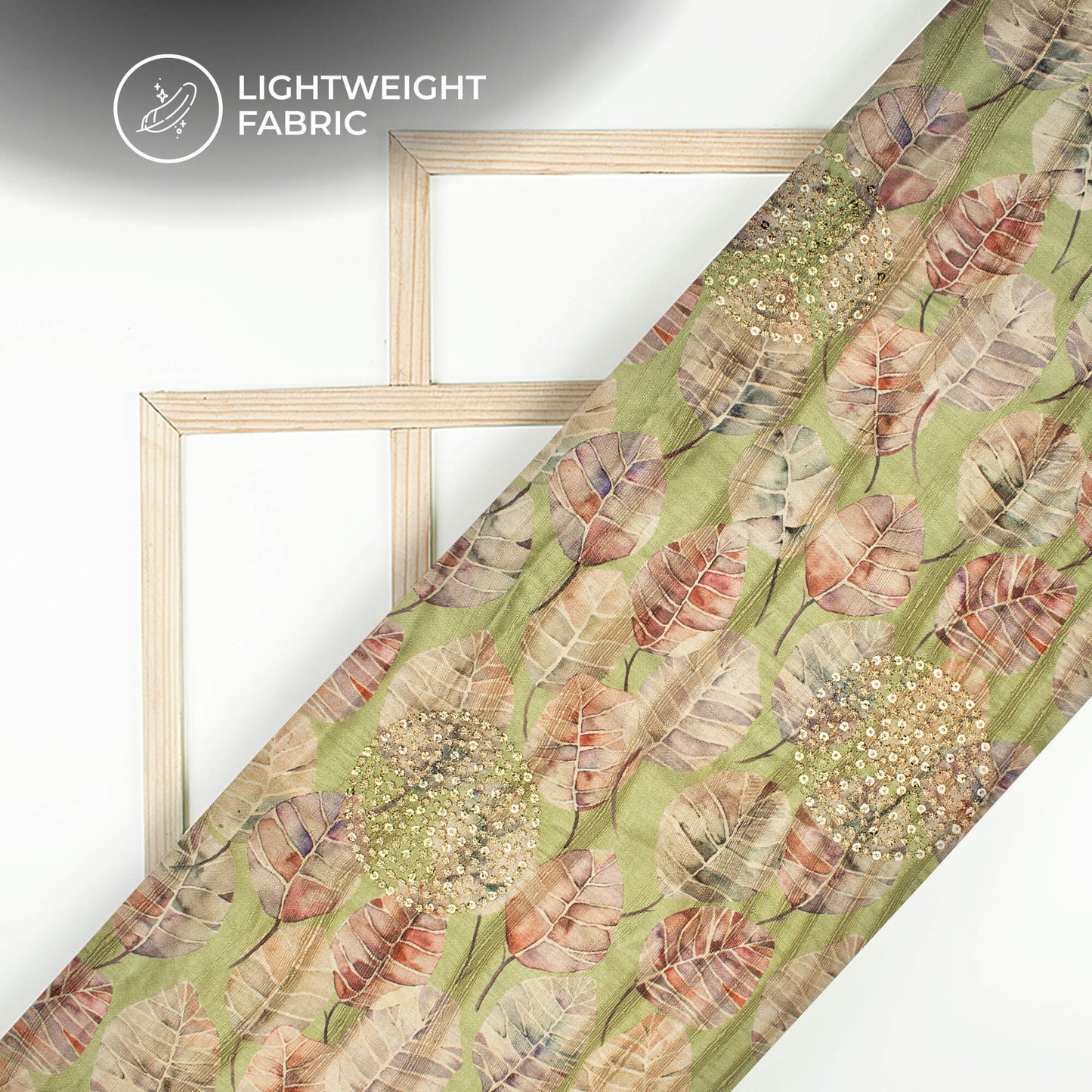 Green Leafage Digital Print Butta Sequins Embroidery On Heritage Art Silk Fabric