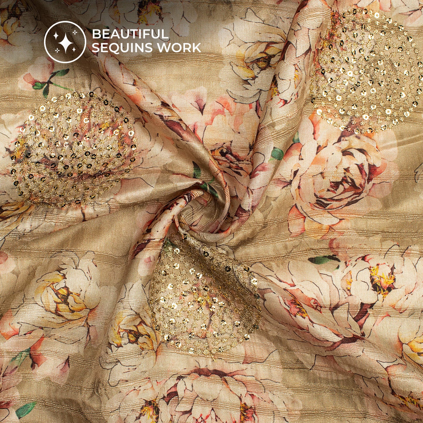 Gorgeous Peach Floral Digital Print Butta Sequins Embroidery On Heritage Art Silk Fabric
