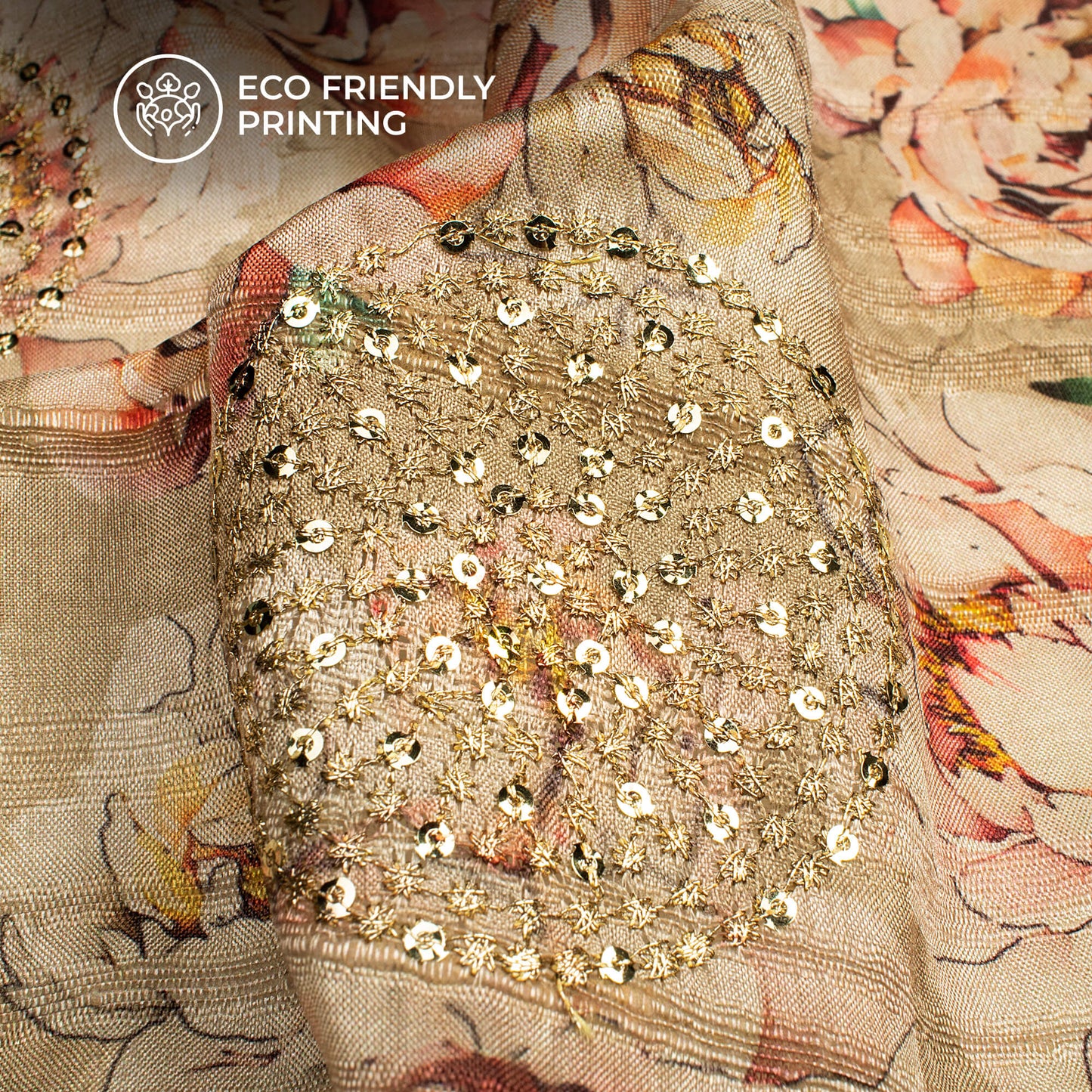 Gorgeous Peach Floral Digital Print Butta Sequins Embroidery On Heritage Art Silk Fabric