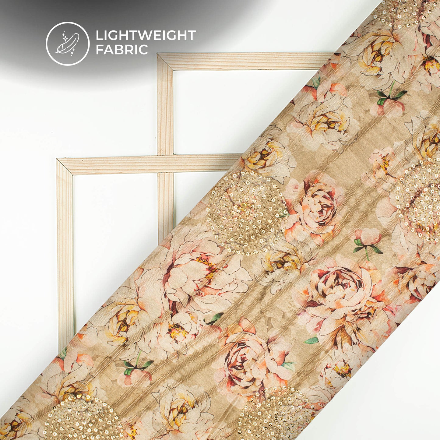 Gorgeous Peach Floral Digital Print Butta Sequins Embroidery On Heritage Art Silk Fabric