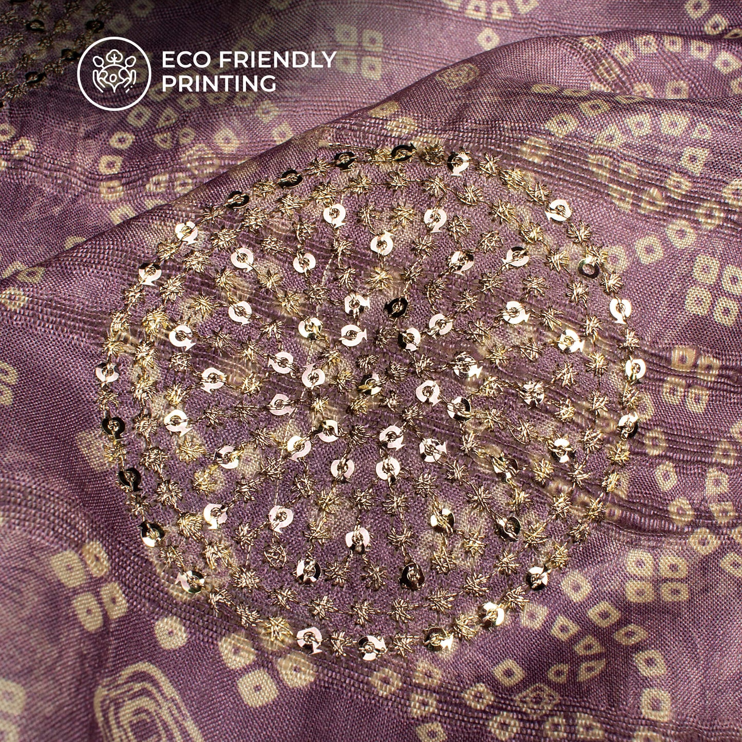 Heather Purple And White Bandhanii Digital Print Butta Sequins Embroidery On Heritage Art Silk Fabric