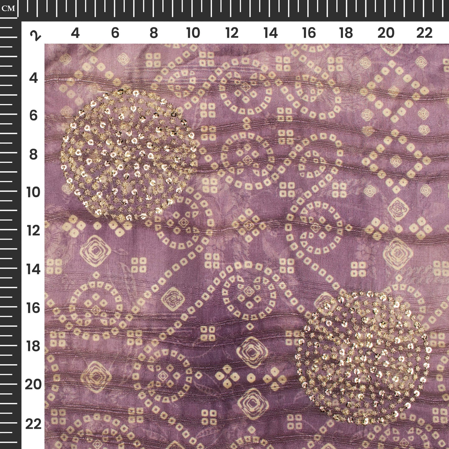 Heather Purple And White Bandhanii Digital Print Butta Sequins Embroidery On Heritage Art Silk Fabric