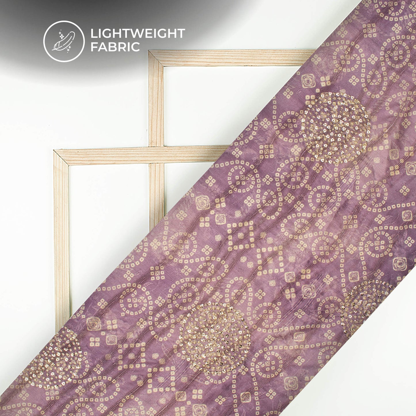Heather Purple And White Bandhanii Digital Print Butta Sequins Embroidery On Heritage Art Silk Fabric