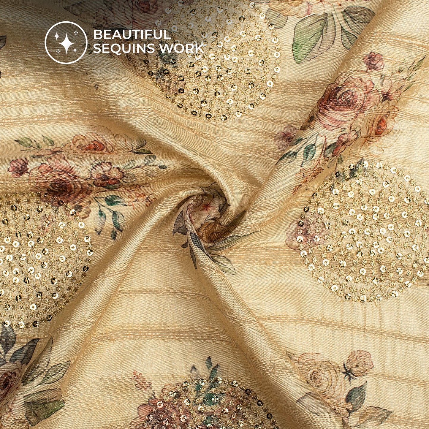 Tan Beige And Pink Floral Digital Print Butta Sequins Embroidery On Heritage Art Silk Fabric