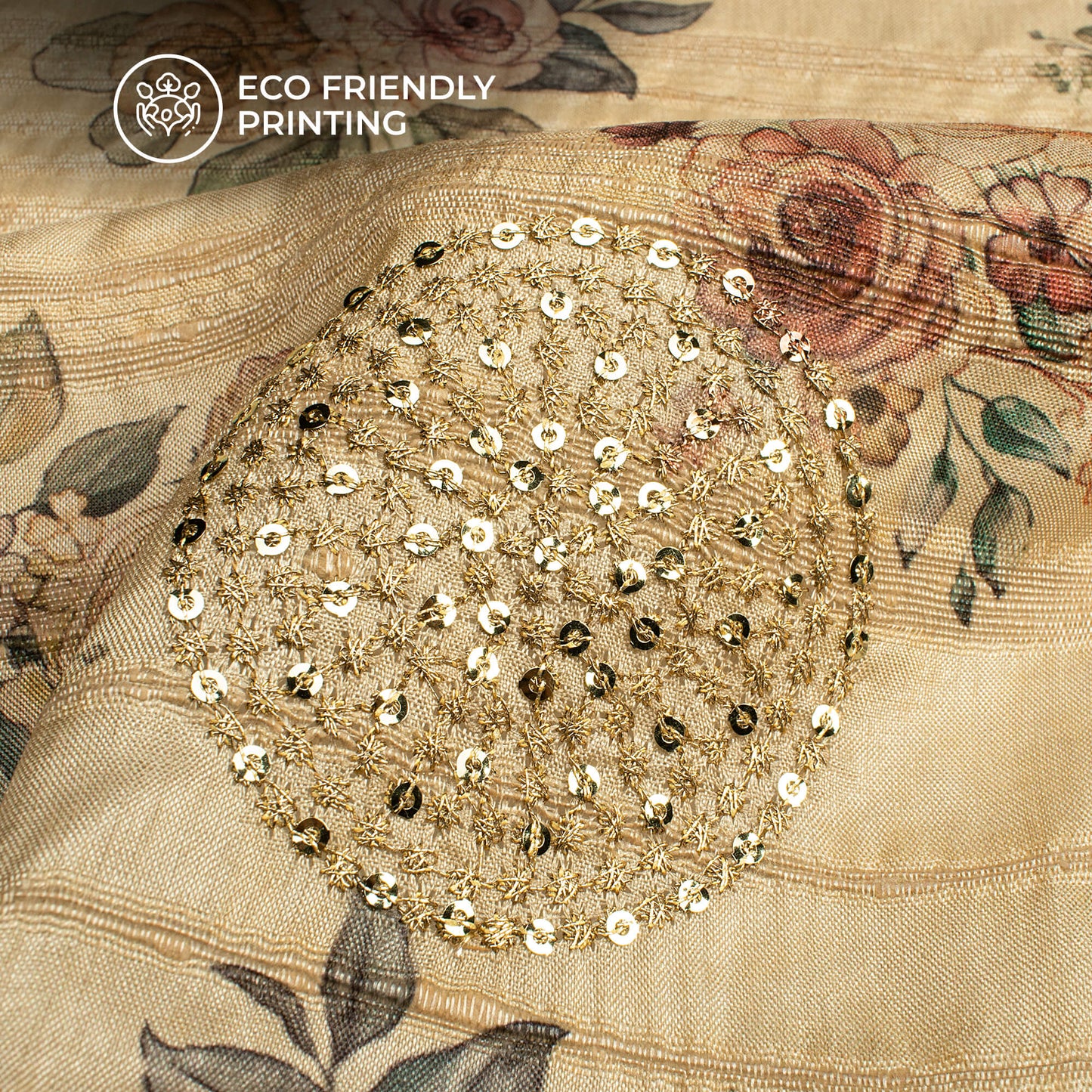 Tan Beige And Pink Floral Digital Print Butta Sequins Embroidery On Heritage Art Silk Fabric