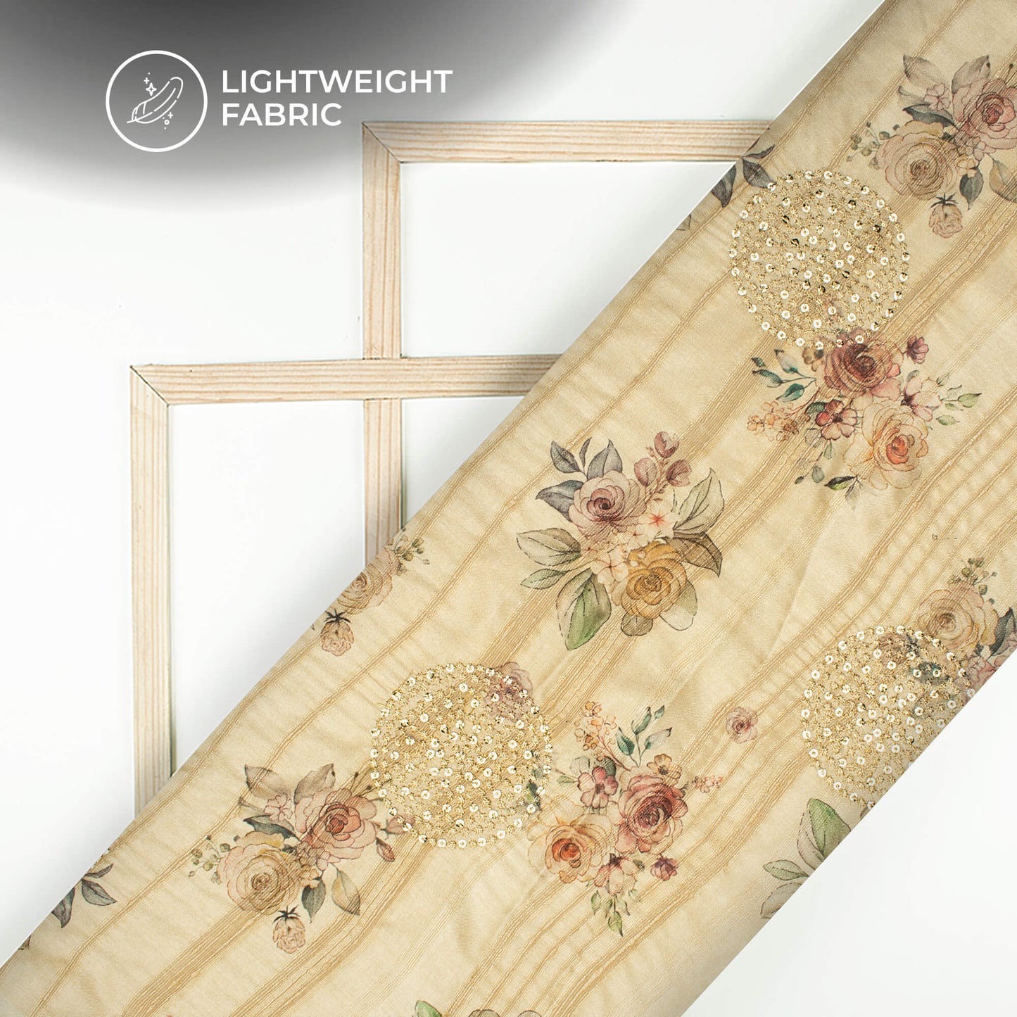 Tan Beige And Pink Floral Digital Print Butta Sequins Embroidery On Heritage Art Silk Fabric