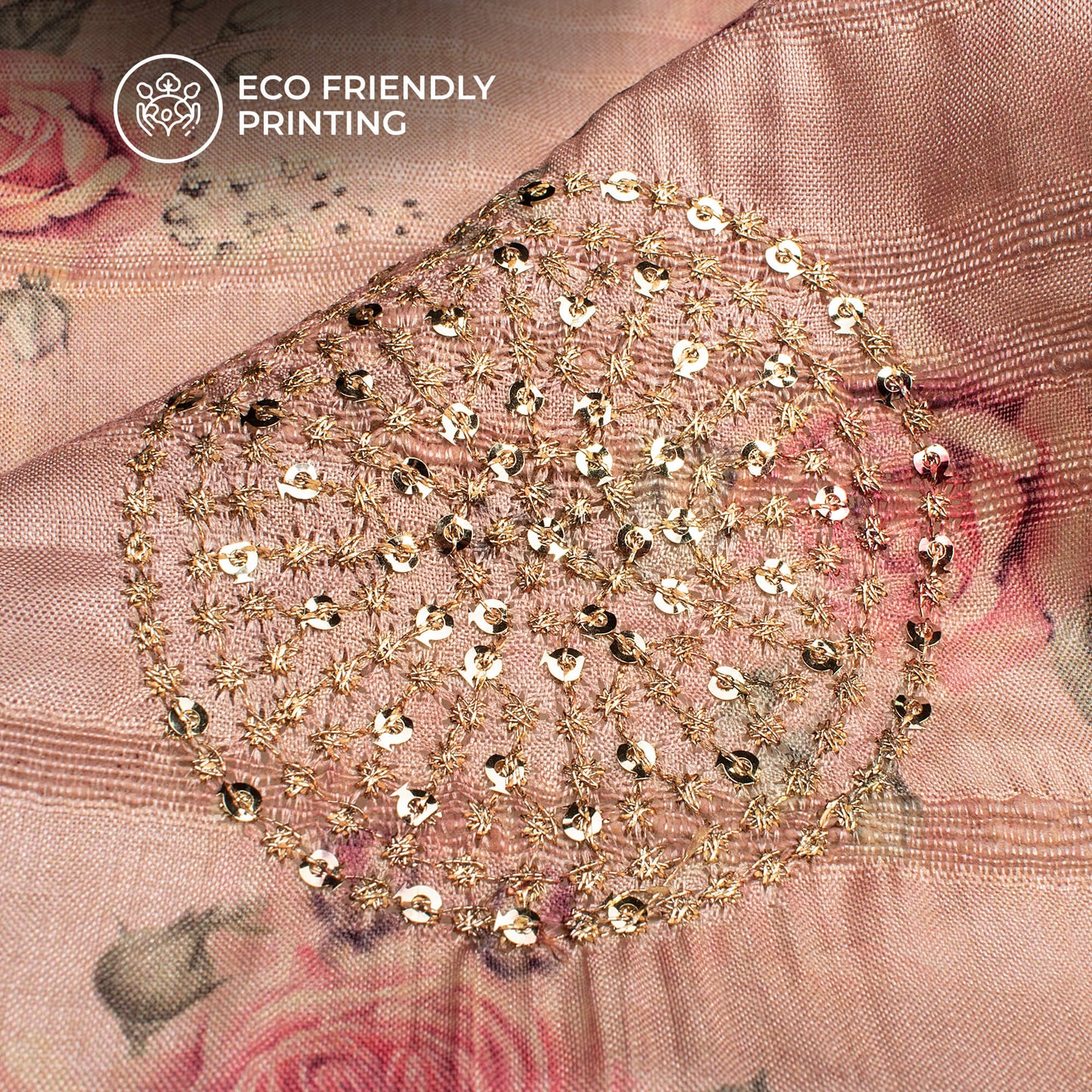 Exclusive Pink Floral Digital Print Butta Sequins Embroidery On Heritage Art Silk Fabric