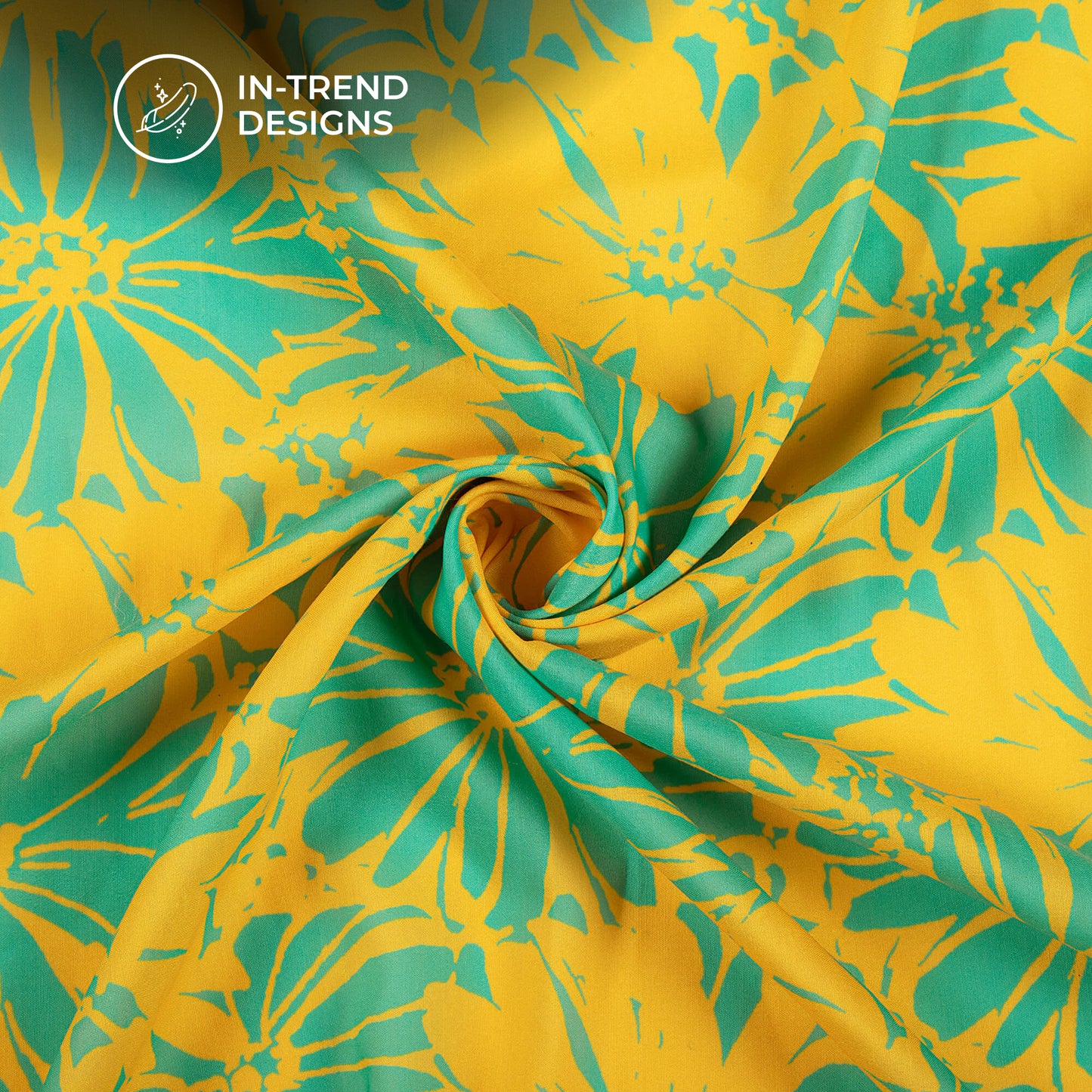 Teal Green And Yellow Floral Digital Print Muslin Fabric