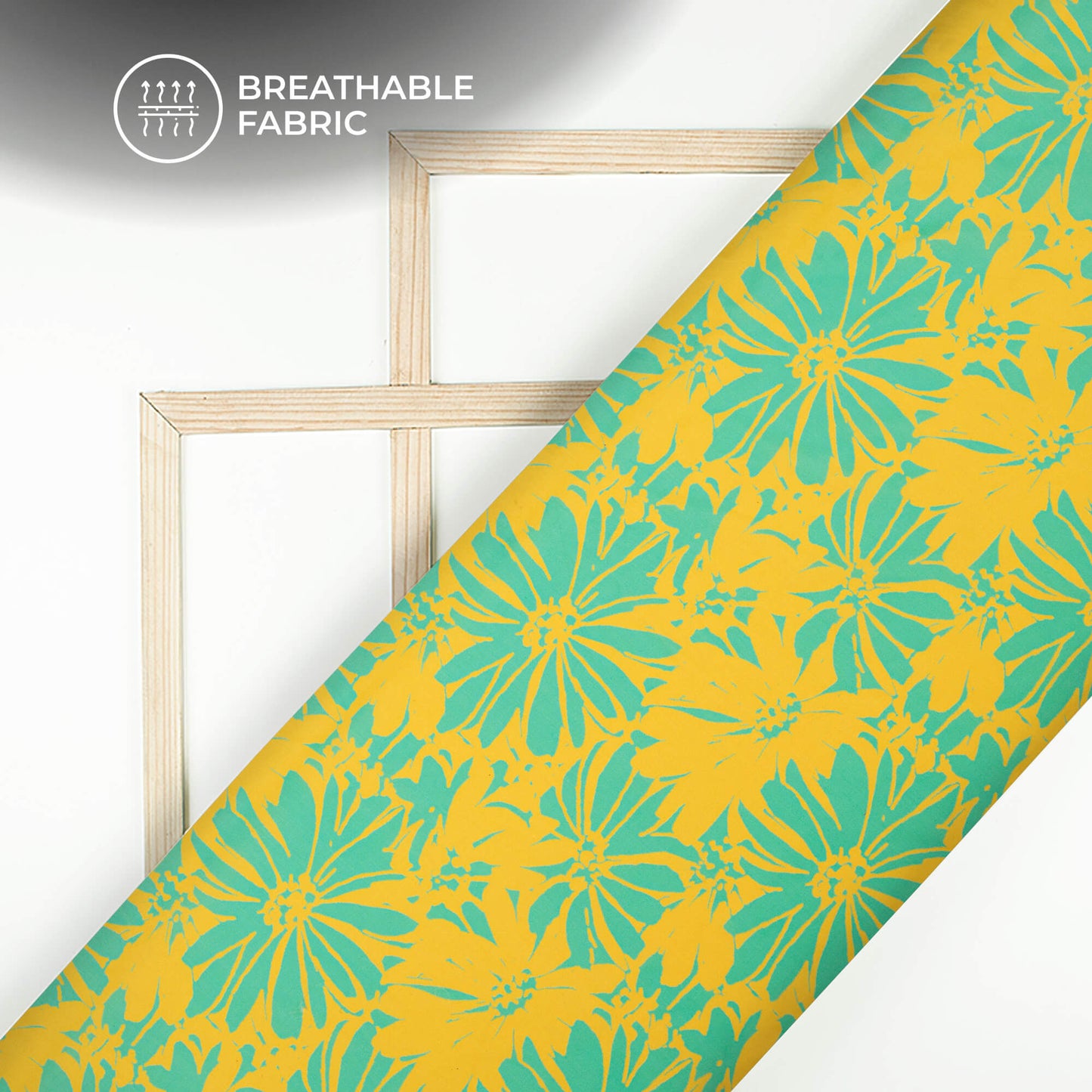 Teal Green And Yellow Floral Digital Print Muslin Fabric