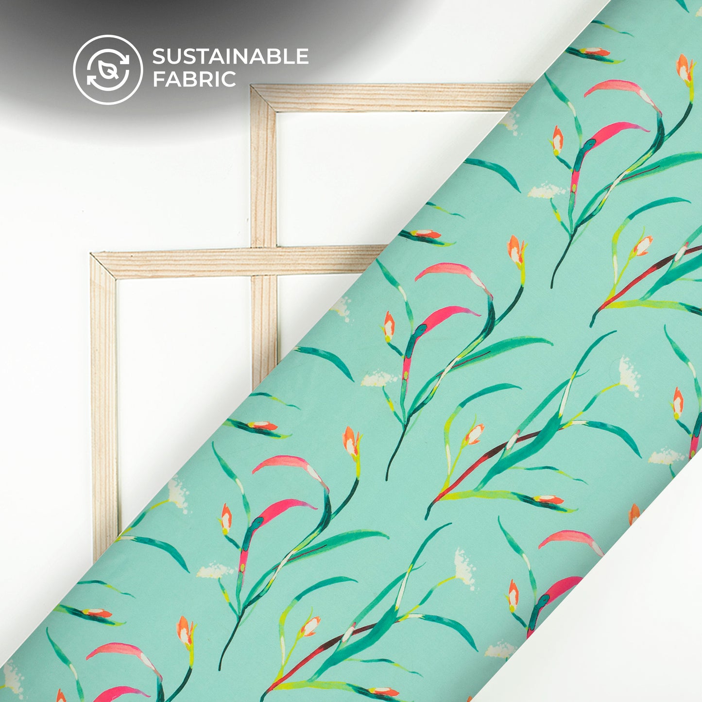 Sea Green Leaf Digital Print Poly Glazed Cotton Fabric