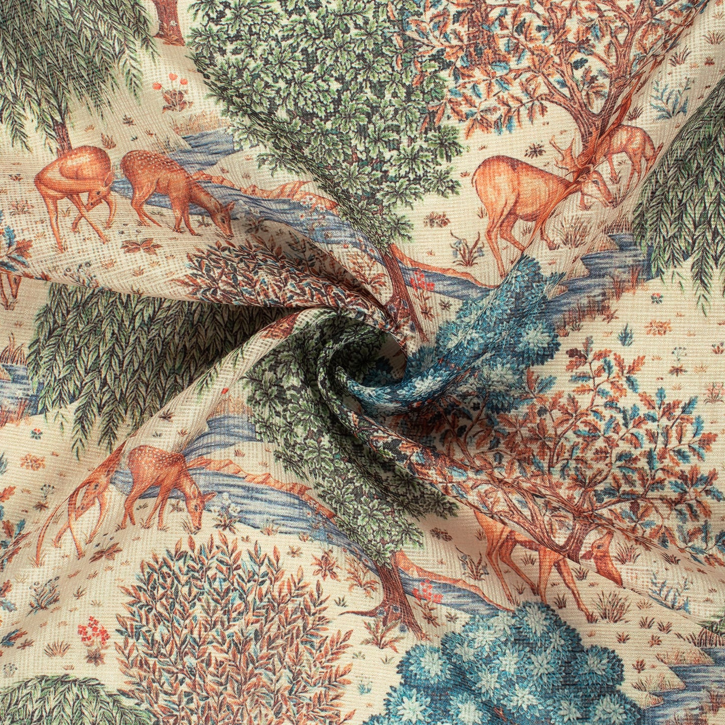 Green And Cream Madhuvanii Printed Kota Doria Fabric