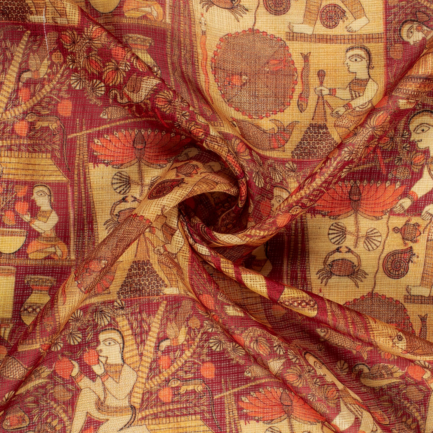 Maroon Madhuvanii Printed Kota Doria Fabric