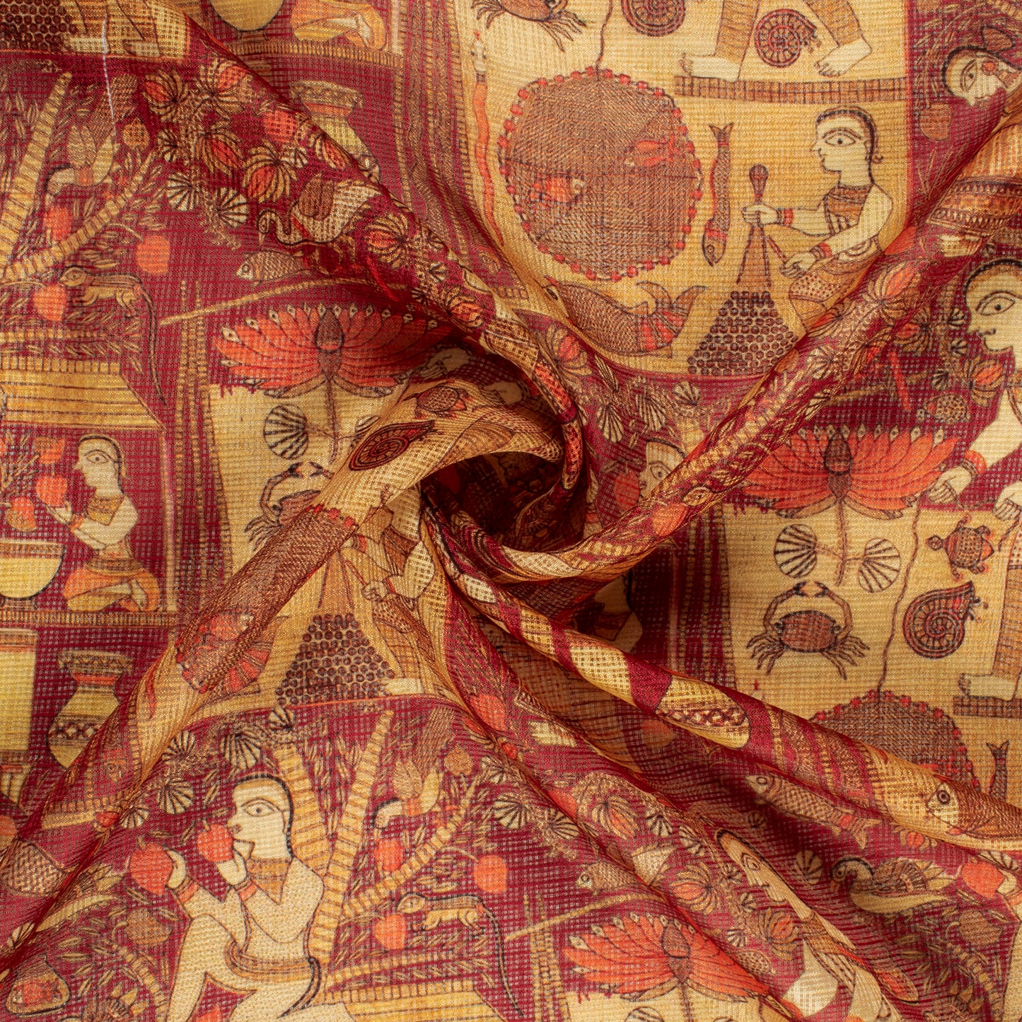 Maroon Madhubani Printed Kota Doria Fabric