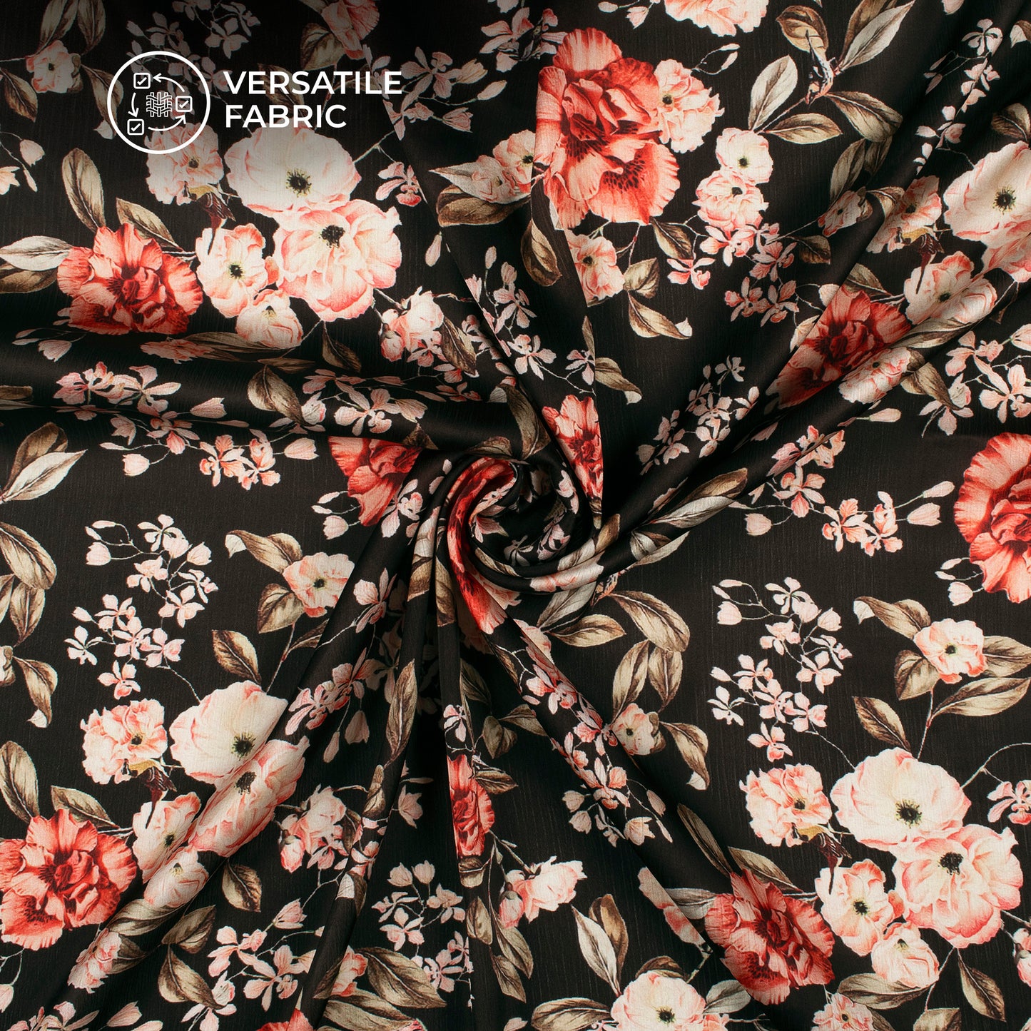 Solid Black Floral Digital Print Chiffon Satin Fabric