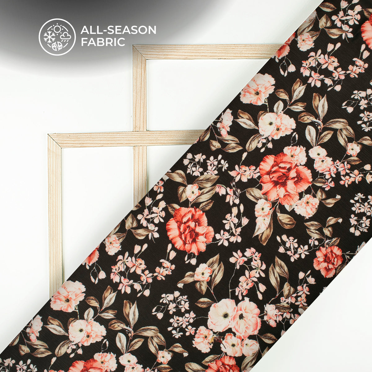 Solid Black Floral Digital Print Chiffon Satin Fabric