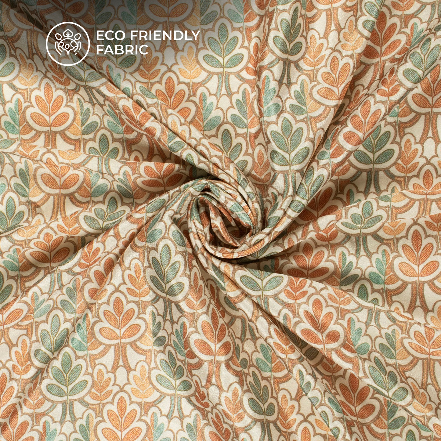 Rust Orange And Green Leaf Digital Print Crepe Silk Fabric
