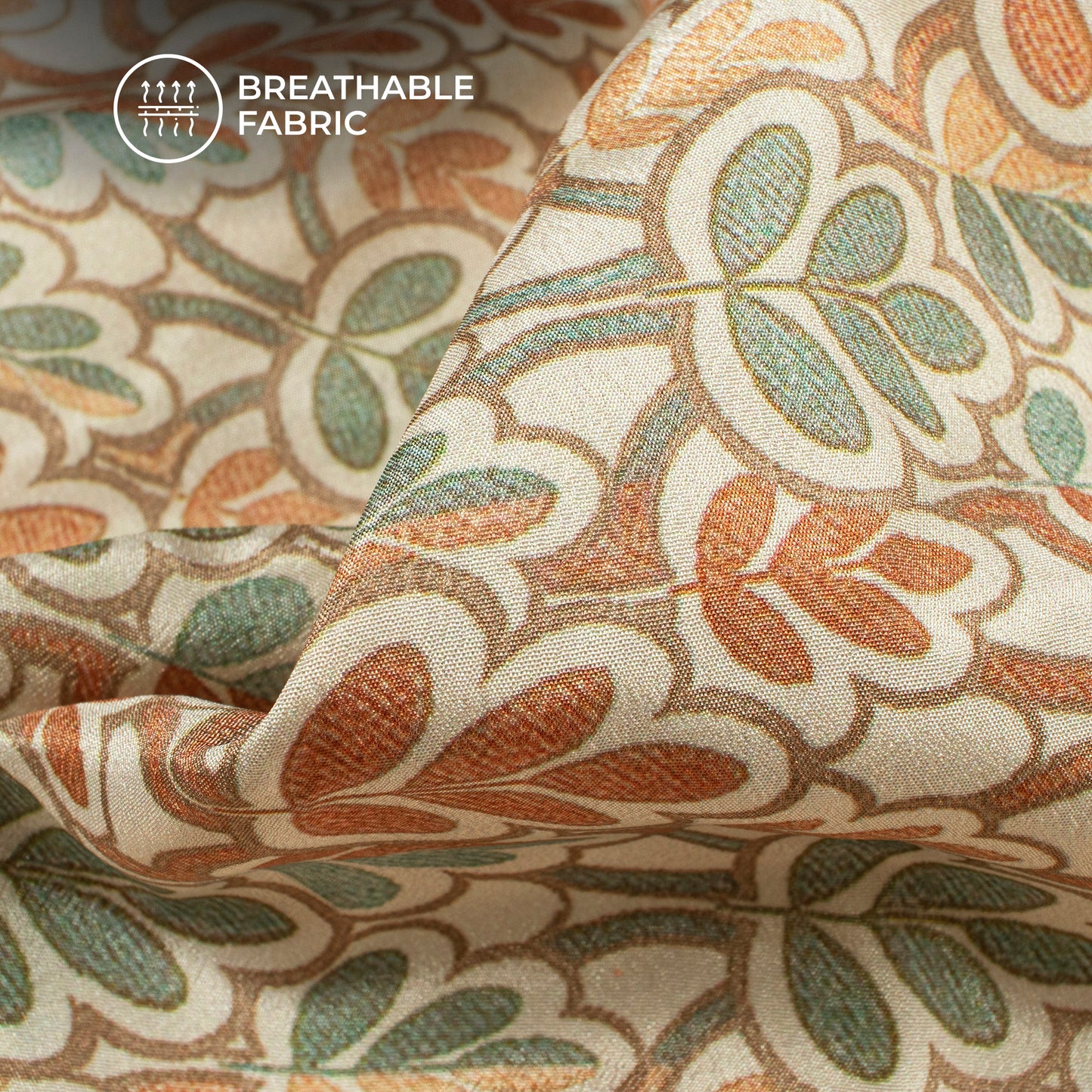 Rust Orange And Green Leaf Digital Print Crepe Silk Fabric