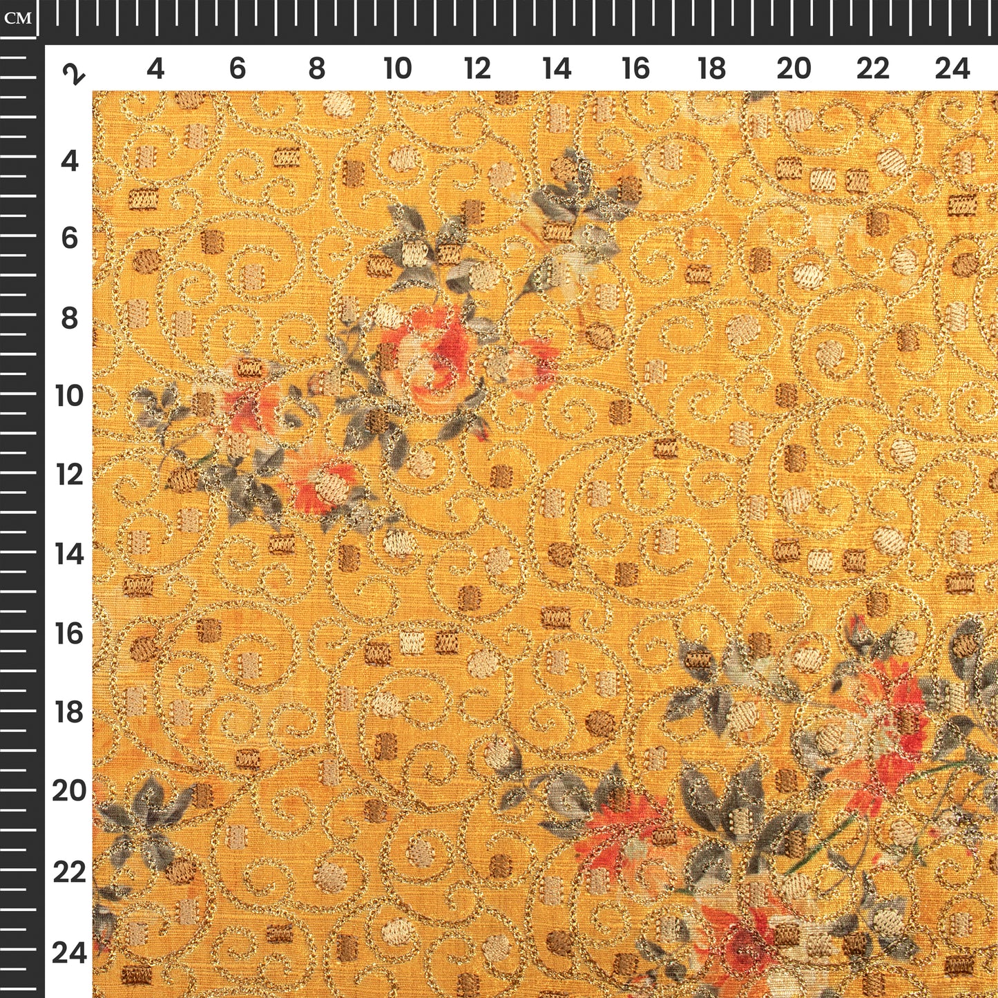 Trendy Floral Golden Sequins Thread Embroidery Work On Art Tusser Silk Fabric