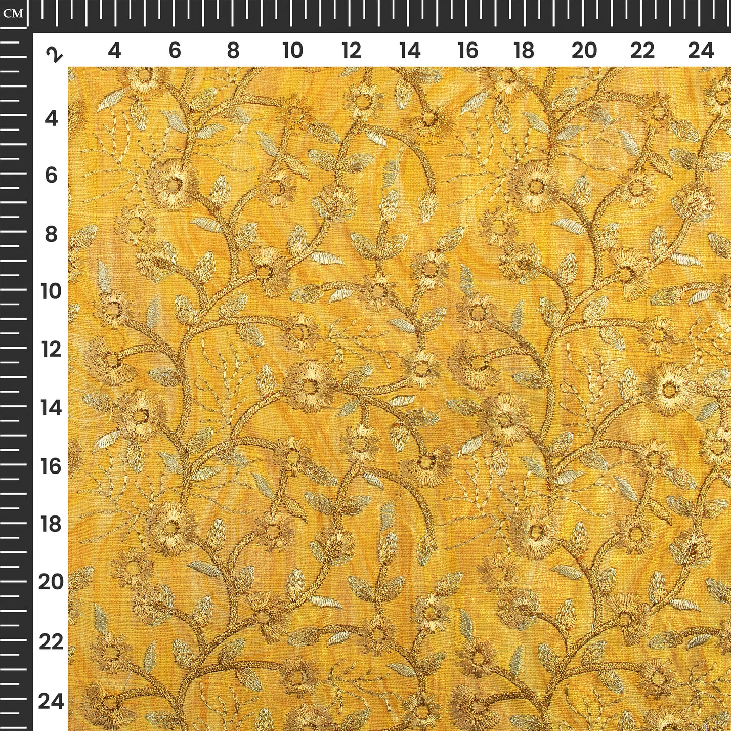 Smart Floral Printed Golden Thread Embroidery Work On Art Tusser Silk Fabric