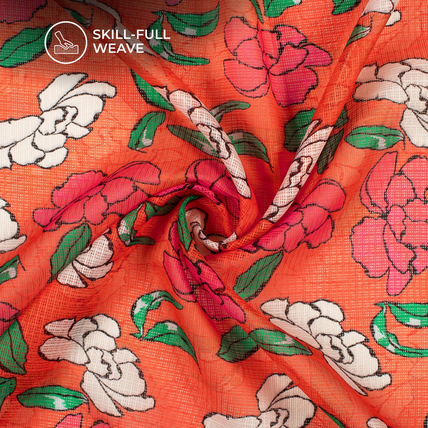 Glowing Red Floral Digital Print Kota Doria Fabric