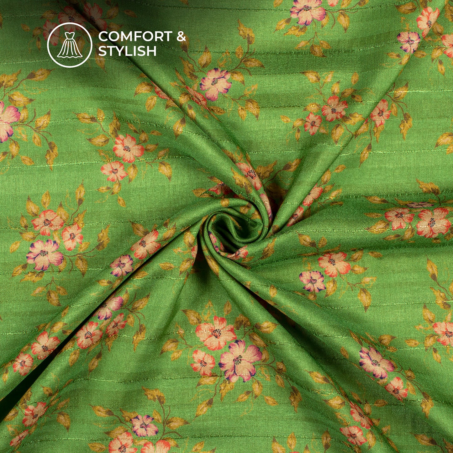 Lawn Green Floral Digital Print Art Tusser Silk Fabric