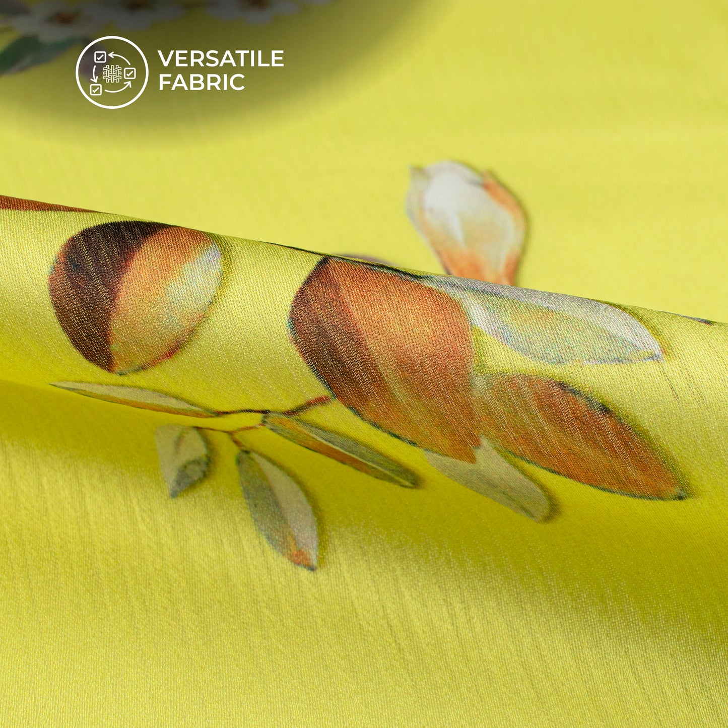 Lemon Yellow And White Floral Digital Print Chiffon Satin Fabric
