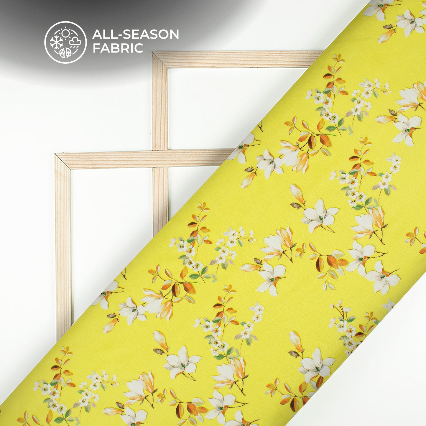 Lemon Yellow And White Floral Digital Print Chiffon Satin Fabric
