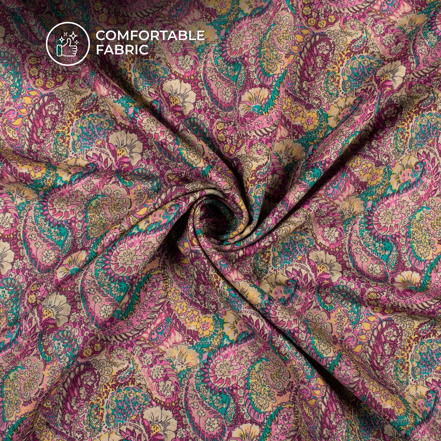 Taffy Pink And Green Paisley Digital Print Cotton Cambric Fabric