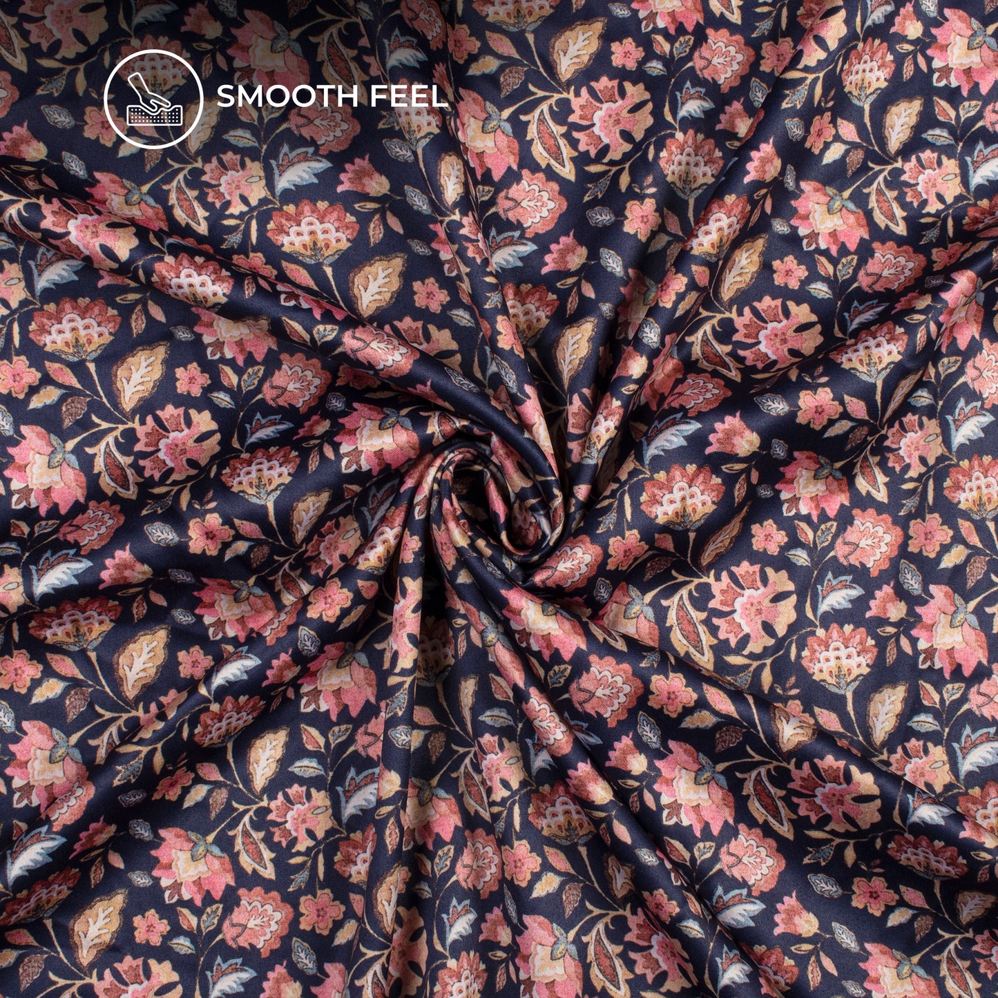 Navy Blue And Pink Floral Digital Print Charmeuse Satin Fabric (Width 58 Inches)