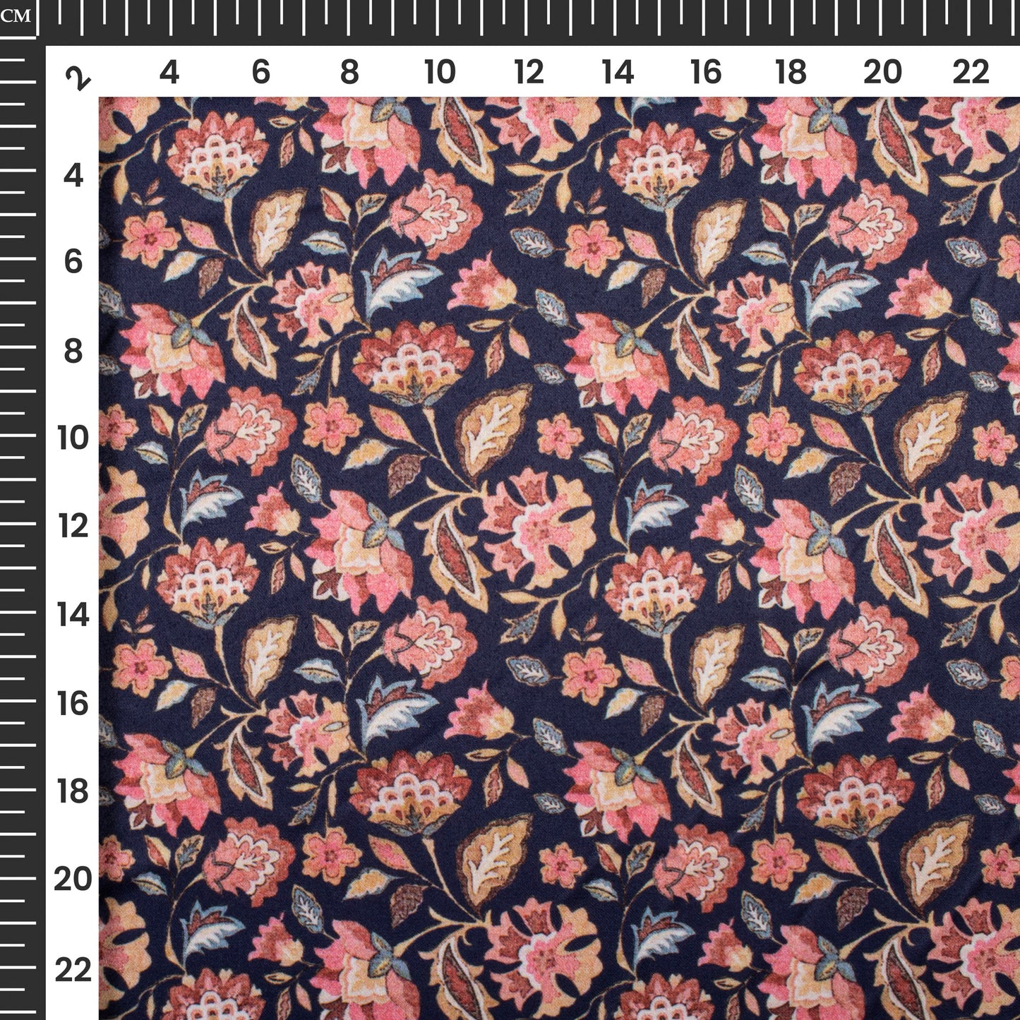 Navy Blue And Pink Floral Digital Print Charmeuse Satin Fabric (Width 58 Inches)