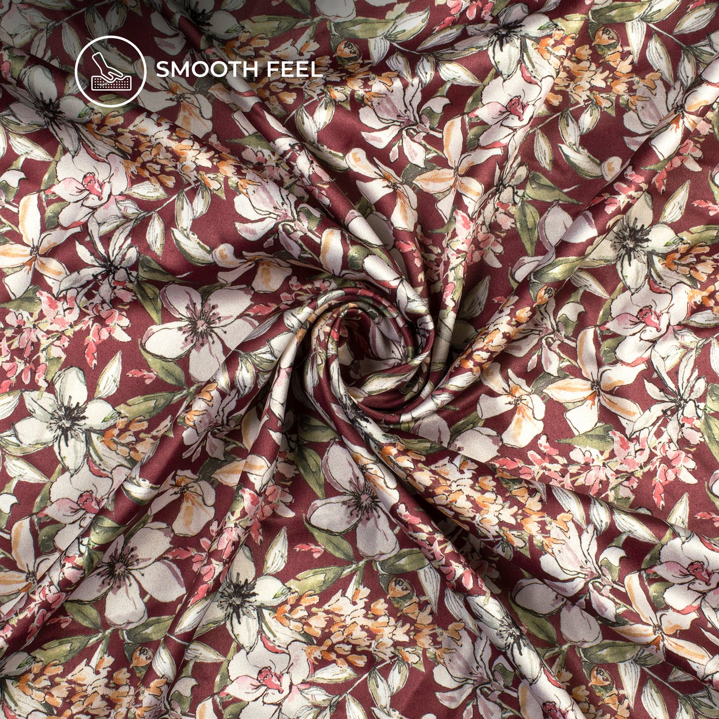 Burgundy Red Floral Digital Print Charmeuse Satin Fabric (Width 58 Inches)