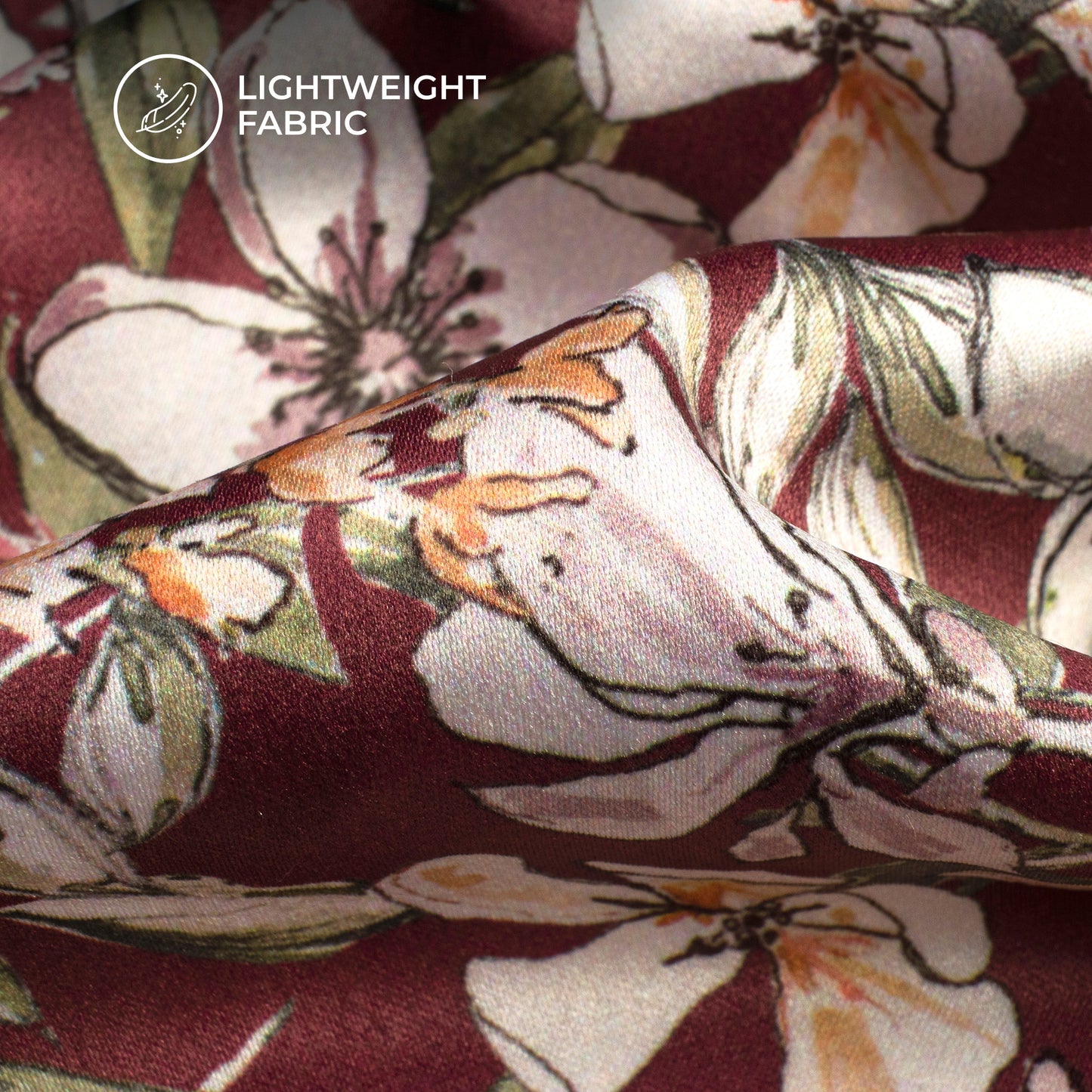 Burgundy Red Floral Digital Print Charmeuse Satin Fabric (Width 58 Inches)