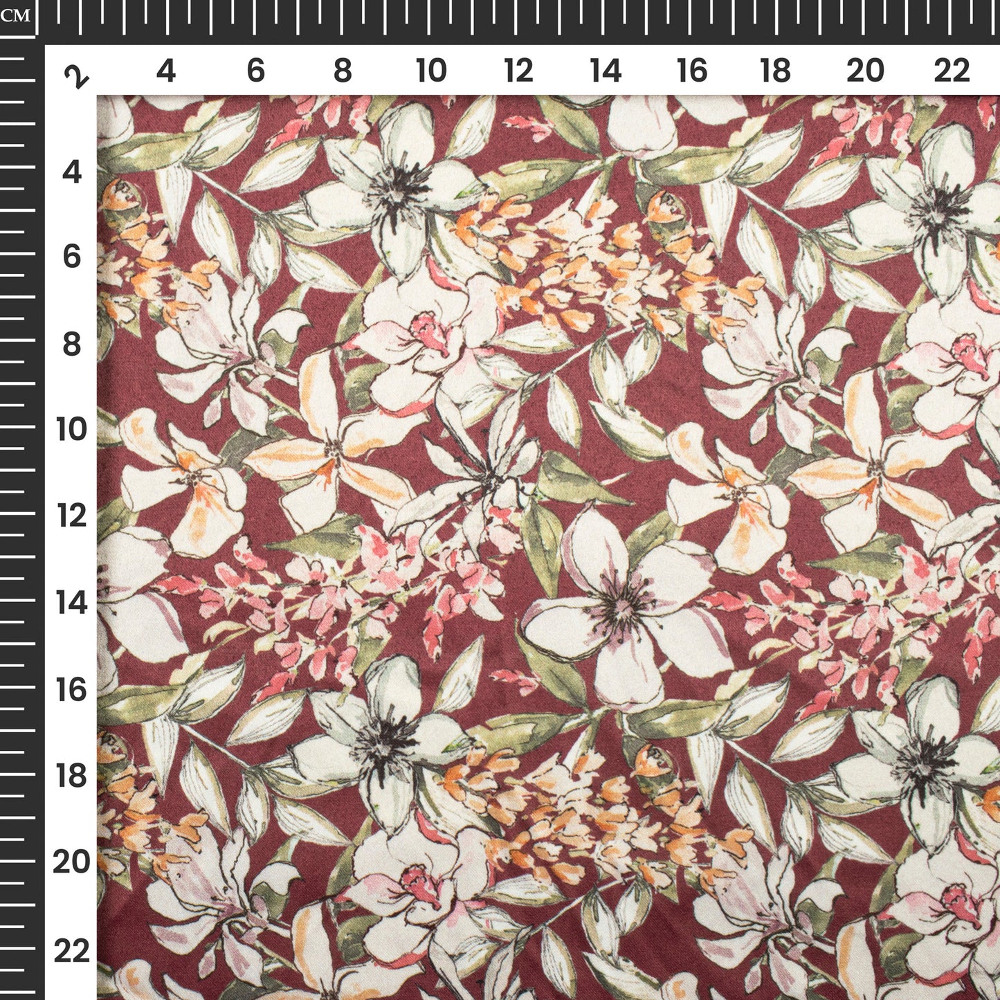 Burgundy Red Floral Digital Print Charmeuse Satin Fabric (Width 58 Inches)