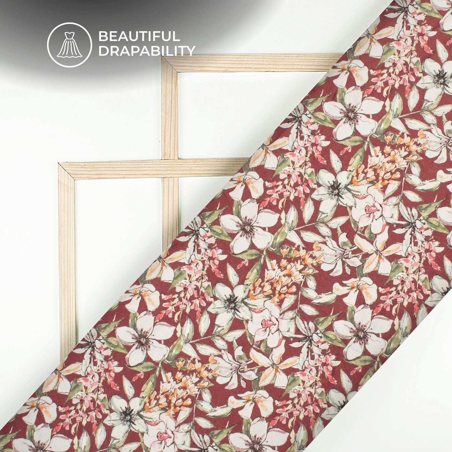 Burgundy Red Floral Digital Print Charmeuse Satin Fabric (Width 58 Inches)